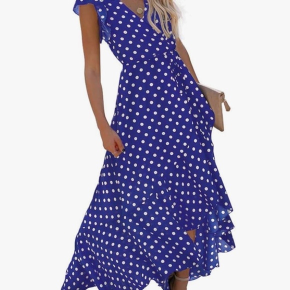 Grecerelle Spring Dress, V Neck Maxi,  Blue/White Polka Dots, M, EUC - Picture 9 of 9